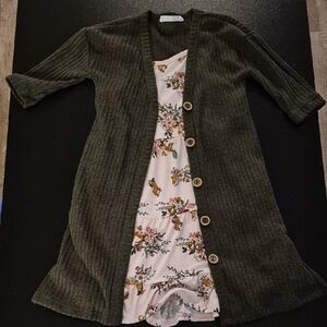 Beautees Green Cardigan with Floral Dress